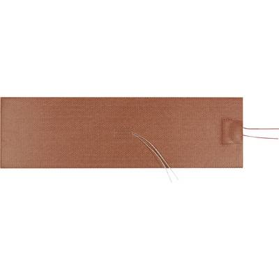 Een rechthoekig, bruin verwarmingspad met twee uitstekende draden aan de rechterkant, gebruikt voor warmteopwekking of temperatuurregeling.