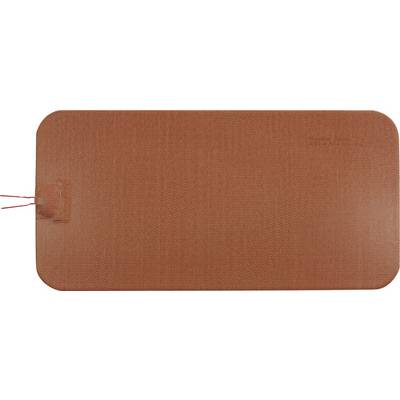 Een rechthoekig, koperkleurig verwarmingskussen met twee uitstekende draden aan de zijkant. Het wordt gebruikt voor warmteoverdracht.