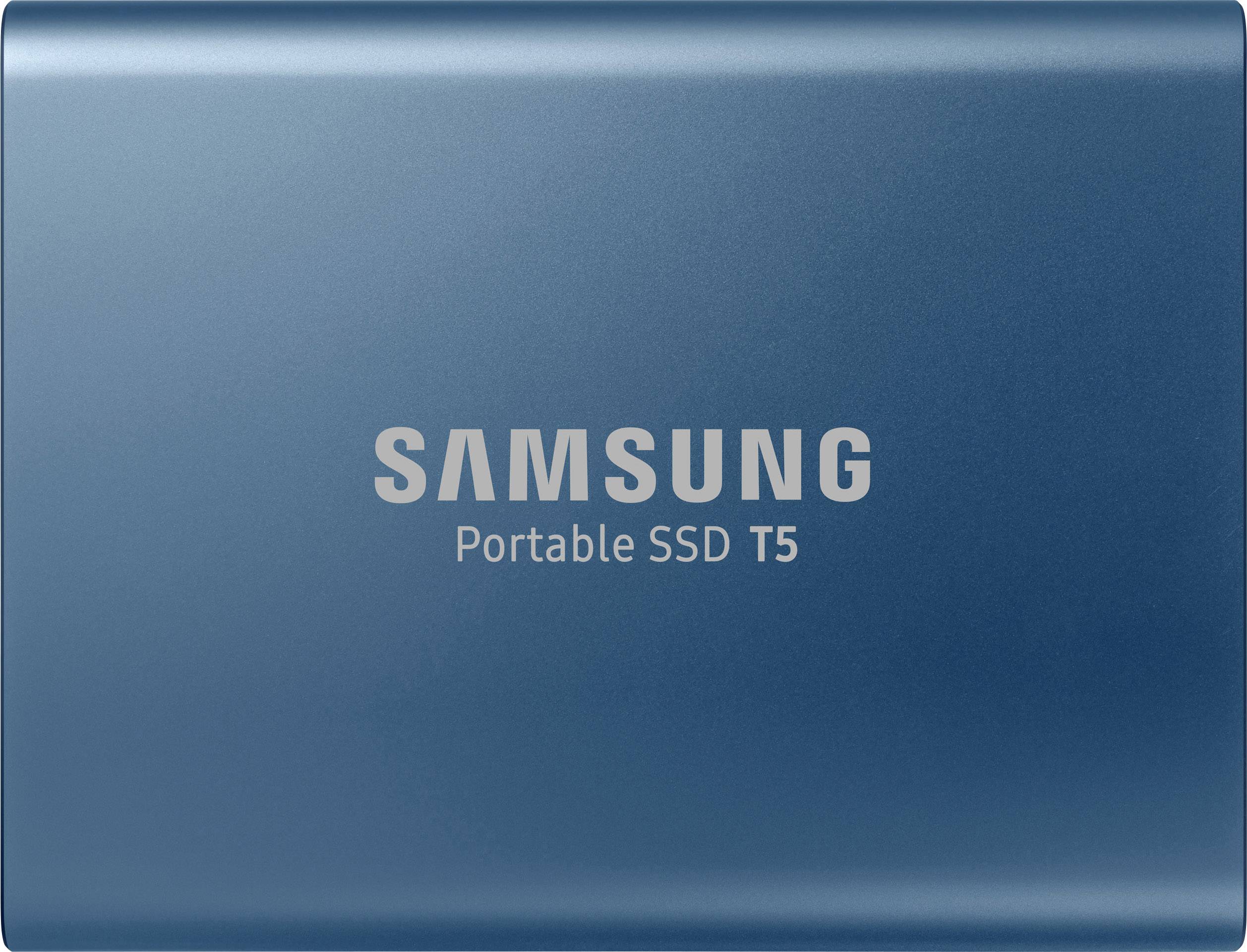 Externe Samsung SSD T5 in blauw, compact, draagbaar.