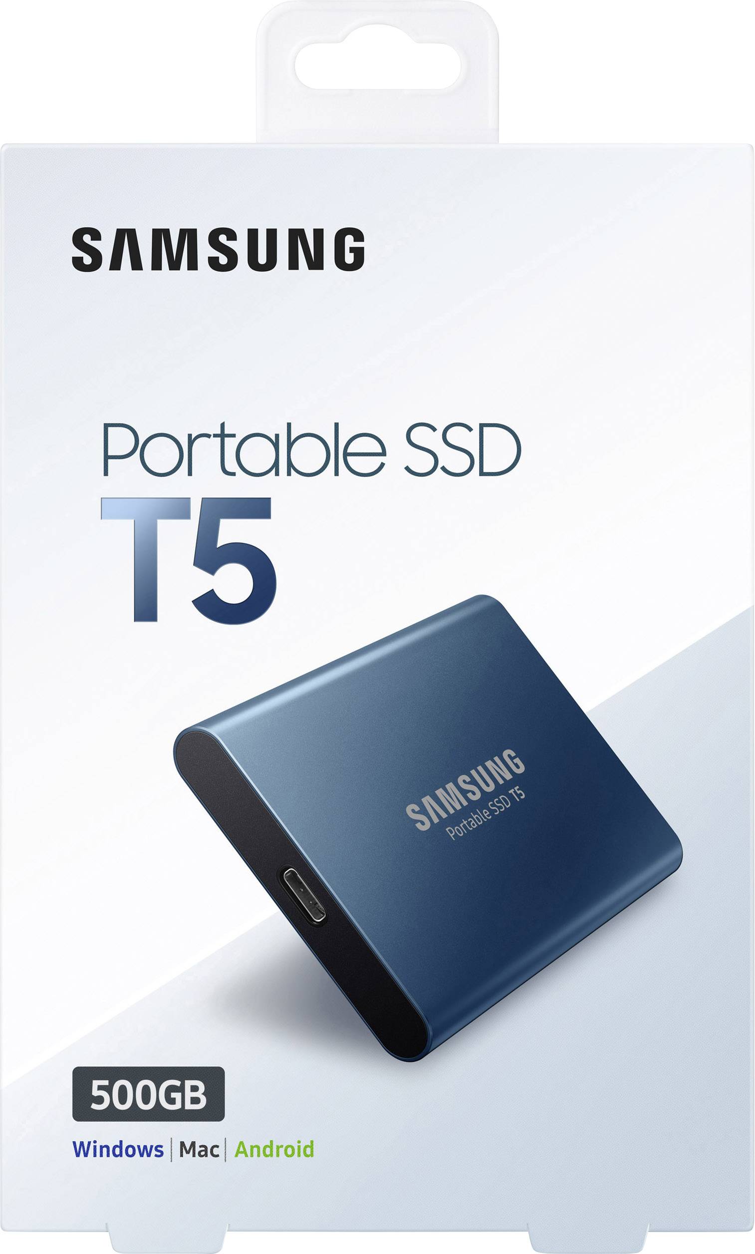 Een verpakking van de Samsung Portable SSD T5, 500GB. De afbeelding toont de blauwe externe SSD en compatibiliteit met Windows, Mac, Android.
