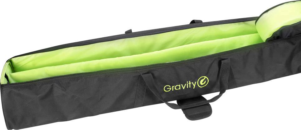 Zwarte instrumenten-transporttas met groene binnenbekleding en 'Gravity'-logo aan de zijkant. Ideaal voor het veilig vervoeren van apparatuur.