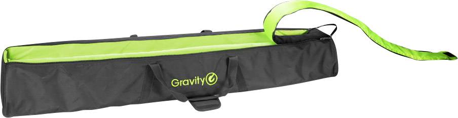 Zwarte tas met groen binnengevoerd en 'Gravity' logo, geschikt voor het vervoeren van microfoonstandaards of vergelijkbare voorwerpen.