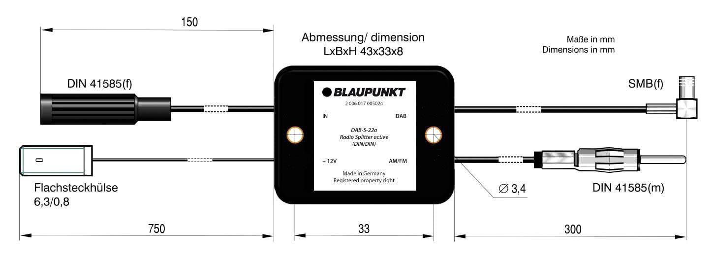 'Diagram van een Blaupunkt-apparaat met aansluitingen: DIN 41585, 6,3/0,8 platte stekerbus, SM(B), afmetingen: 43x33x8 mm.'