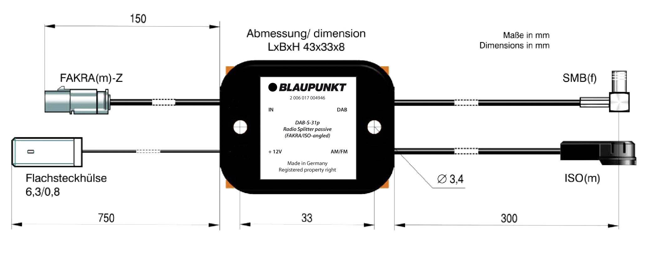 Schema van een radio-splitterverbinding met afmetingen en aansluitingen in mm, merkteken 'BLAUPUNKT', primaire componenten en lengtes.