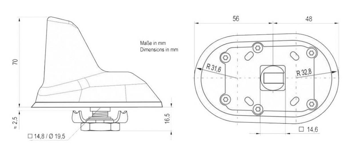 'Technische tekening van een dakantenneconcept met zijaanzicht en bovenaanzicht. Afmetingen in millimeters. Zijaanzicht toont hoogte van 70 mm.'