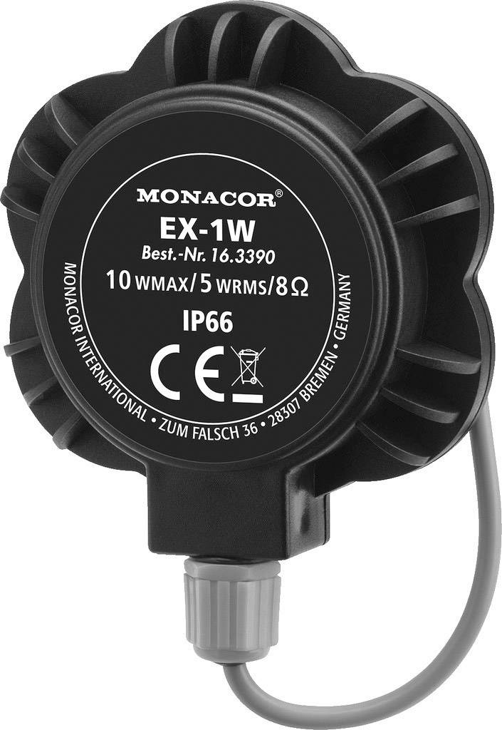 Luidspreker-transducer van Monacor, model EX-1W, bestendig tegen water en stof (IP66), geschikt voor 10 Watt max/5 Watt RMS, 8 Ohm.