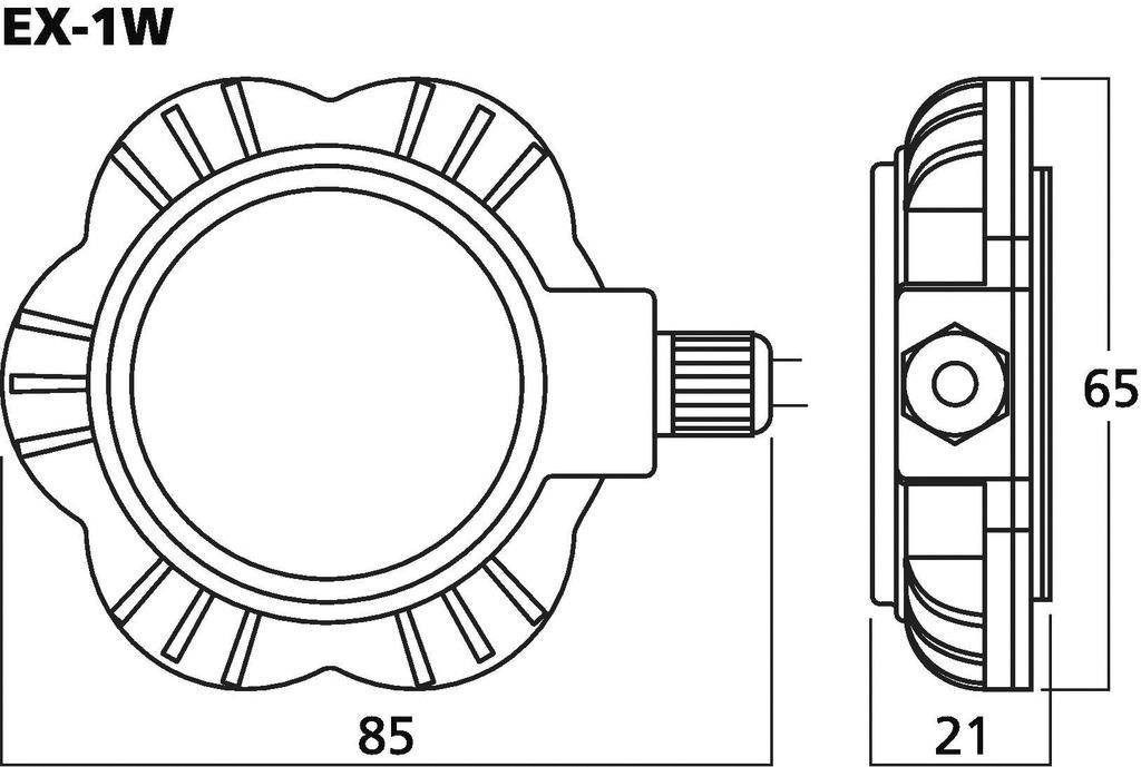 Tekening van een ventiel. Links bovenaan de code 'EX-1W'. Frontale weergave toont een cirkelvormig ontwerp, zijaanzicht toont afmetingen: 85 mm diameter, 21 mm diepte, 65 mm hoogte.