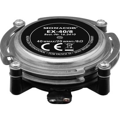 Luidsprekerchassis met 40 W maximaal vermogen, 8 Ohm impedantie, CE-gecertificeerd. Opschrift vermeldt: 'MONACOR EX-40/8'.