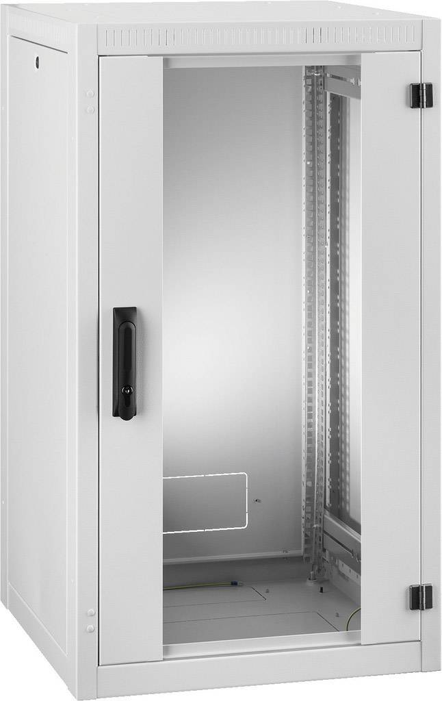 Grijze serverrack met glazen deur, opengetoond. Geschikt voor het plaatsen van IT-apparatuur in een kantoor- of datacenteromgeving.