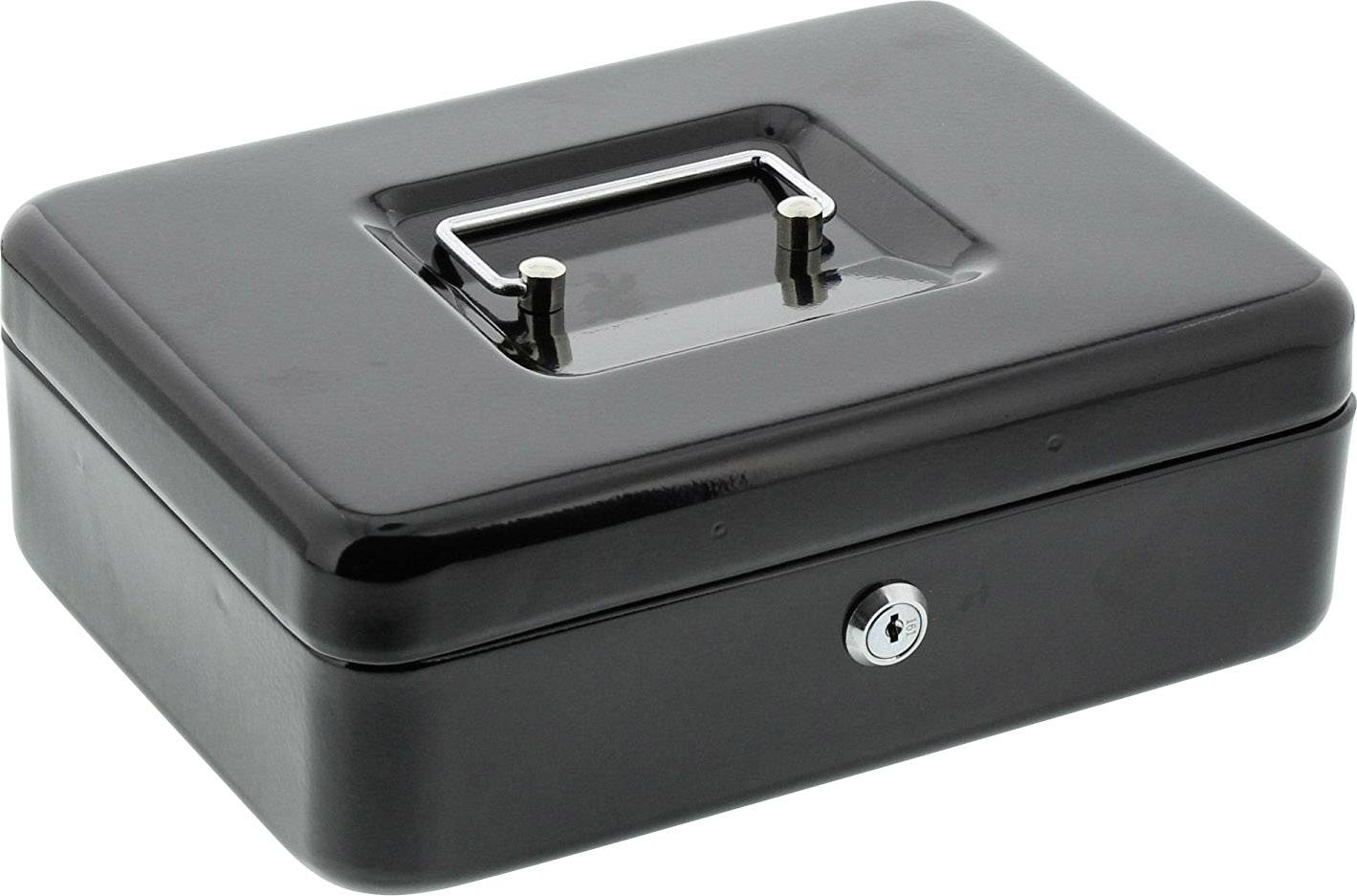 Zwarte geldcassette met een handgreep op het deksel en een slot aan de voorkant.