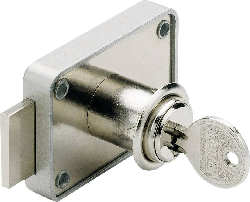 Een zilveren slot met een sleutel die in het slot steekt. Het slot heeft een rechthoekige achterplaat met zichtbare schroeven.