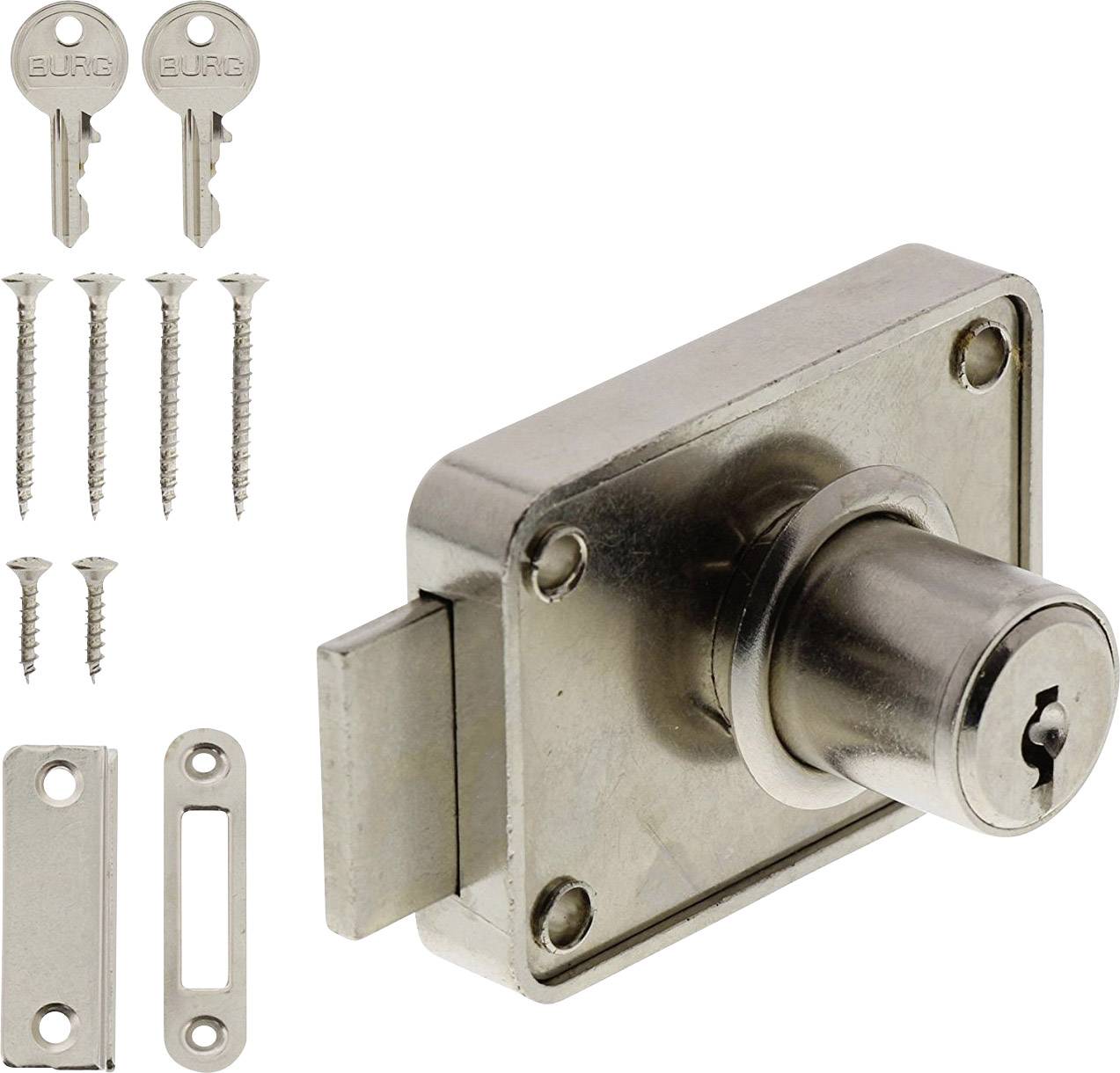 Een zilveren deurslot-set met een cilinderslot, twee sleutels, vijf schroeven en twee metalen montageplaten.