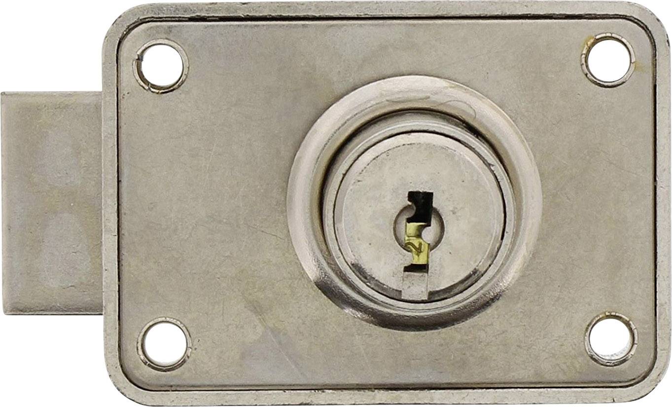 Metalen slot met vier bevestigingsgaten en een centraal rond sleutelgat.