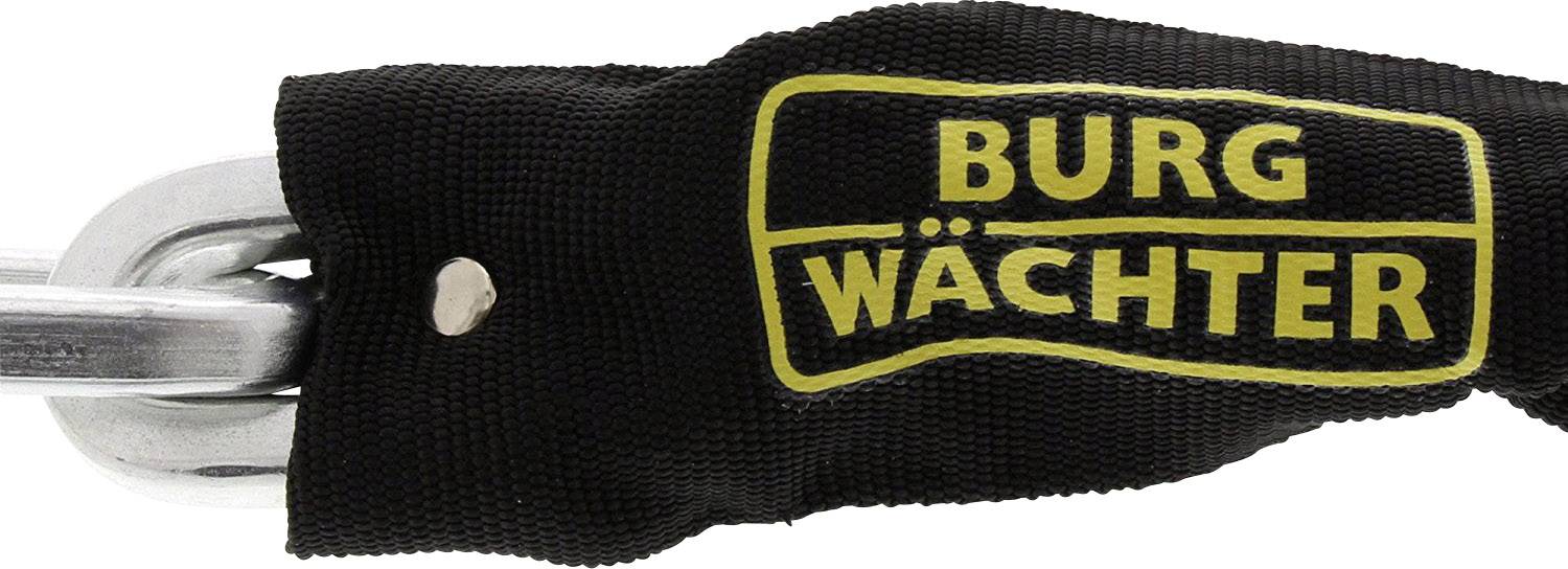 Zwart, textiel omhuld veiligheidsslot met geel 'Burg Wächter'-logo. Ideaal voor het beschermen van fietsen of poorten.