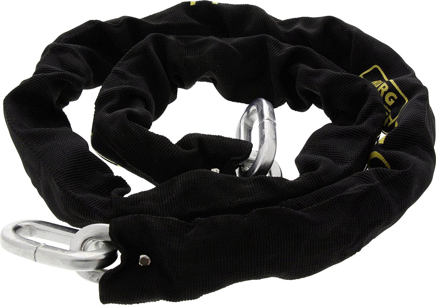 Zwarte, robuuste ketting met stoffen overtrek en twee zilveren karabijnhaken.