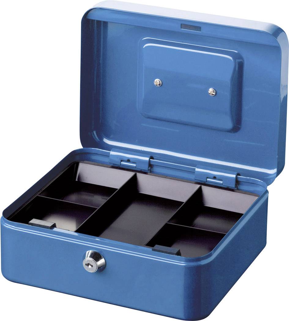 Een geopende blauwe geldkist met vijf vakken. De kist heeft een slot aan de voorkant.