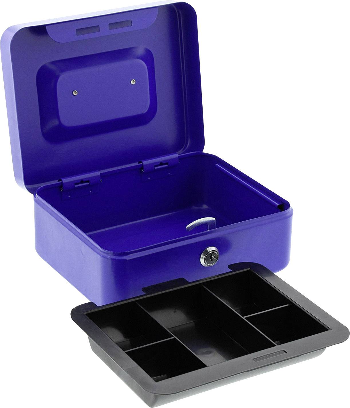 Blauwe geldcassette met opengedekt deksel en uitneembare inzet met meerdere vakken voor het organiseren van munten en bankbiljetten.