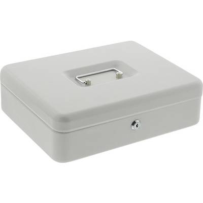 Een gesloten, grijze geldkoffer met handvat en slot aan de voorkant.
