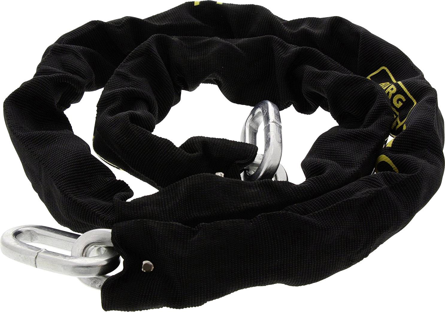 Een zwart, robuust kettingslot met metalen sluitingen, bedoeld voor het beveiligen van fietsen, motoren of vergelijkbare voertuigen.