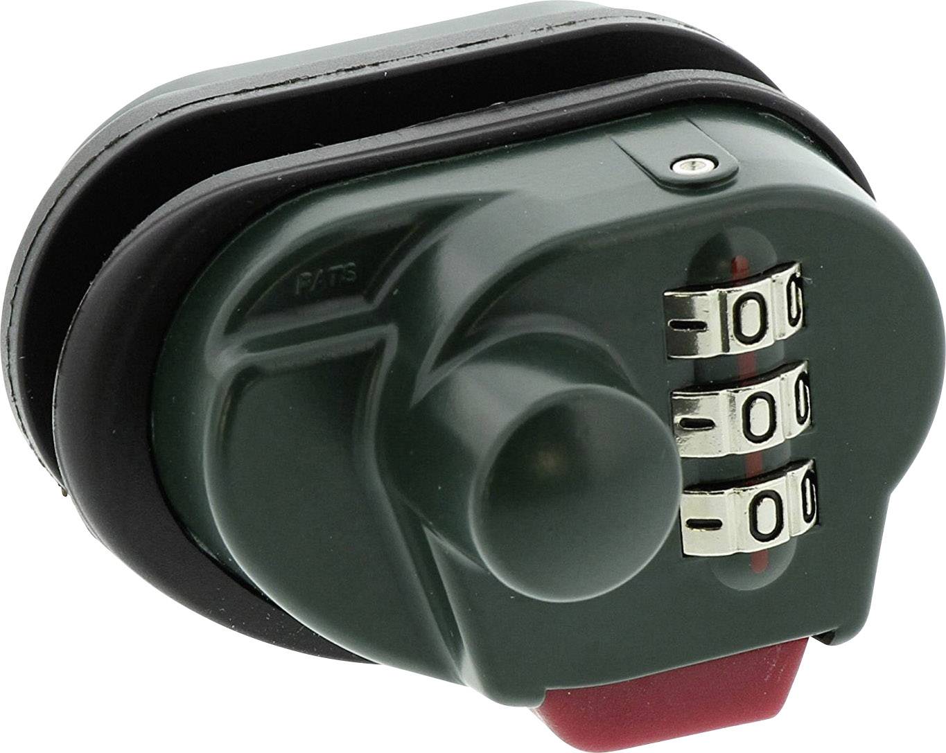Groen cijferslot met drie instelbare nummerwielen en zwarte rubberen stootrand.