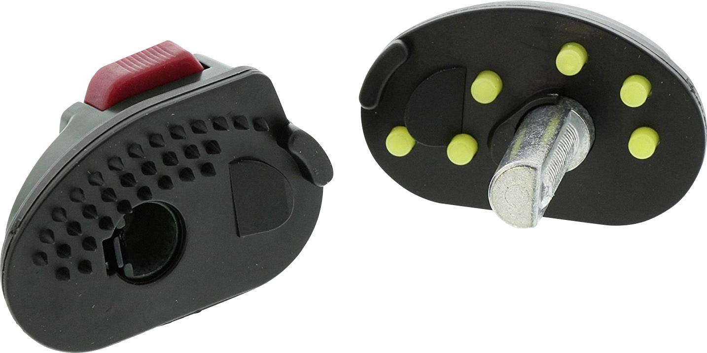 Twee ovale plastic sleutels met rode en gele elementen; de ene toont de voorkant, de andere de achterkant met het stekmechanisme.