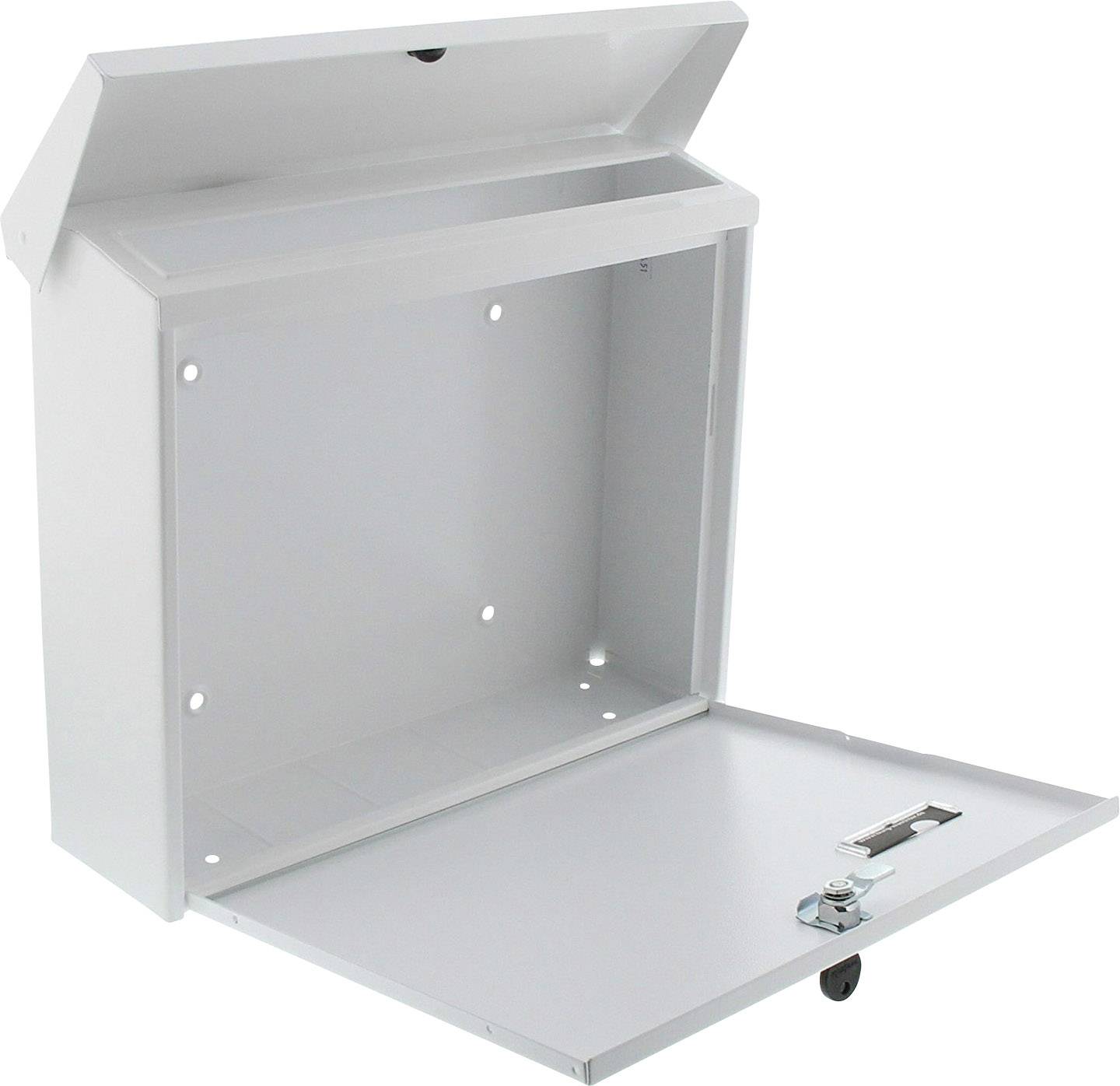 Een geopende, witte brievenbus met een klep bovenaan en een deur onderaan, geschikt voor gemakkelijke postbezorging.