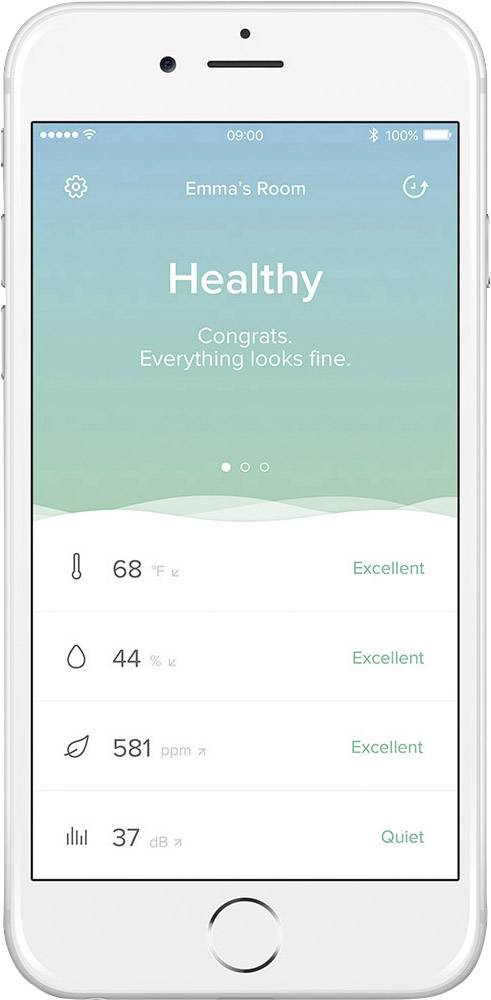 Afbeelding van een smartphonescherm met gezondheidsgegevens. Weergegeven worden temperatuur, luchtvochtigheid, CO2-waarde en geluidsniveau, allemaal met de beoordeling 'Uitstekend' of 'Rustig'.