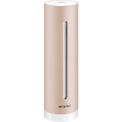 Een cilindrische, roségouden Netatmo-weersensor voor het meten van binnenomstandigheden, met een verticale sleuf aan de voorzijde.