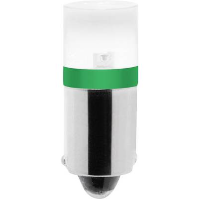 Witte LED-lamp met een groene streep rond het bovenste gedeelte, cilindrische vorm, metalen voet.