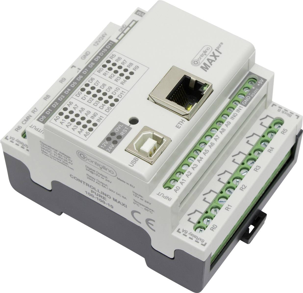 Compacte elektrische controller met Ethernet- en USB-poorten, evenals meerdere schroefklemmen voor aansluitingen.