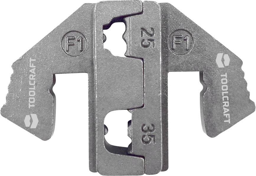 Metalen werkstuk met twee vleugels. Gravures: 'F1', 'TOOLCRAFT', cijfers '25' en '35' markeren afstanden.