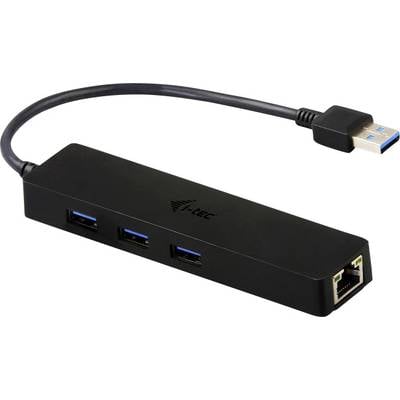 Een zwarte USB-hub met vier aansluitingen en een Ethernet-poort. Bovenaan is het 'I-TEC'-logo zichtbaar. Een kabel met USB-stekker loopt van de hub weg.