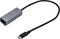 Een zilveren USB-C naar Ethernet-adapter met een zwart kabel, ideaal voor het aansluiten van apparaten op een bekabeld netwerk.