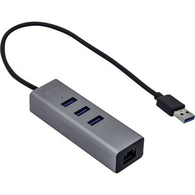 USB-hub met vier poorten: drie USB-poorten en een Ethernet-poort. Adapter met aangesloten USB-kabel.