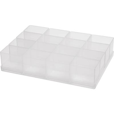 Heldere kunststof containers in een 4x4-configuratie, geschikt voor het opbergen van kleine voorwerpen of voor buffetpresentaties.