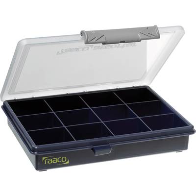 Open kunststof opbergbox met twaalf compartimenten, grijze deksel, 'raaco' merk op de voorkant.