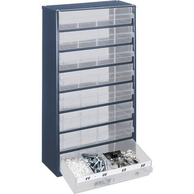 Metalen kist met zes laden, gedeeltelijk transparant, elke lade uitgetrokken en zichtbaar voor verschillende kleine werkplaatsonderdelen.