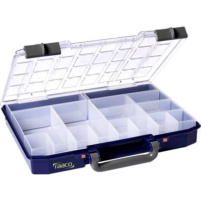 Geopende, lege sortimentsdoos met meerdere compartimenten voor het organiseren van kleine voorwerpen. Transparante bovenkant met handgreep.