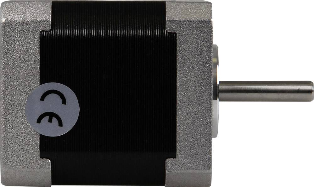 Een kleine elektromotor met een metalen as en een CE-keurmerk aan de zijkant.