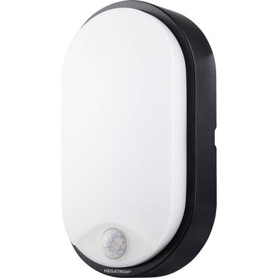 Een witte, ovale LED-lamp met zwarte rand en bewegingssensor onderaan, geschikt voor wand- of plafondmontage.