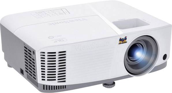 'Witte draagbare projector met ventilatiesleuven en lens aan de voorkant, geschikt voor presentaties of thuisbioscoop.'