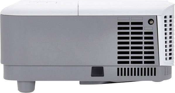 Een grijze projector, zijaanzicht, met ventilatieopeningen en bedieningselementen. Geschikt voor presentaties en thuisbioscoop.