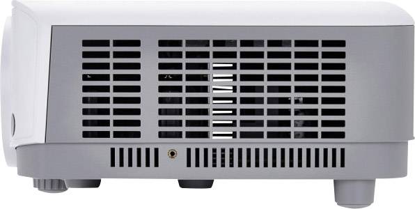 Een grijze projector van opzij, luchtspleten zichtbaar.