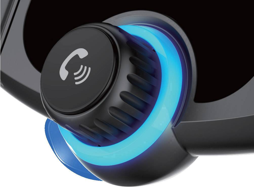 Een zwarte draaiknop met een telefoonsymbool wordt omgeven door een blauwe verlichtingsring.