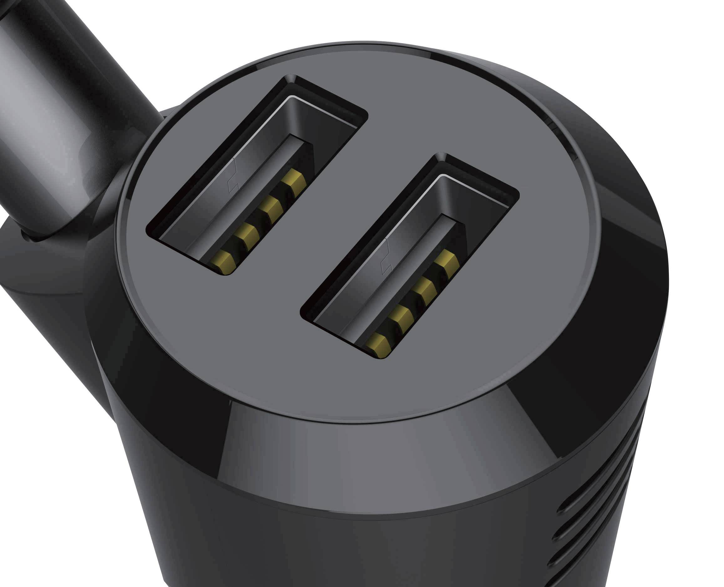 Zwarte USB-adapter met twee aansluitingen, geschikt voor autooplader, toont de aansluitingen en een deel van de behuizing.