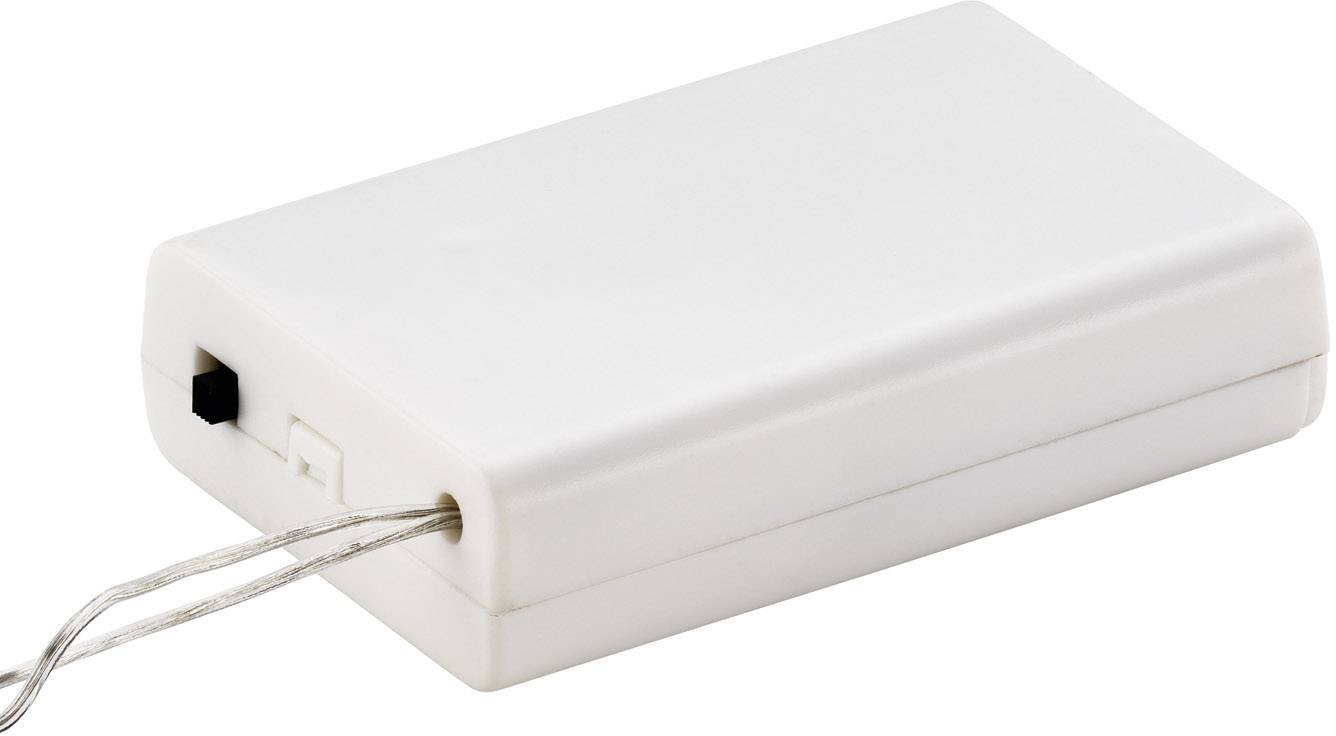 Rechthoekige, witte plastic behuizing met een zwarte schakelaar en een uitstekende zilveren kabel, vermoedelijk een batterijcompartiment.