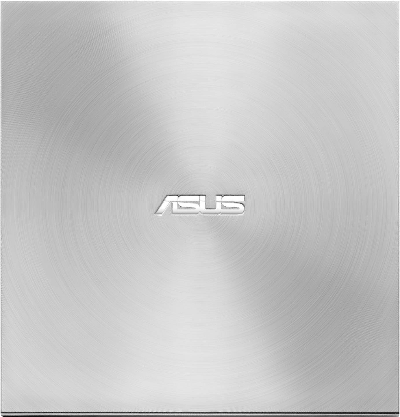 Metallic Asus-logo op een zilveren, cirkelvormig geborsteerde achtergrondtextuur.