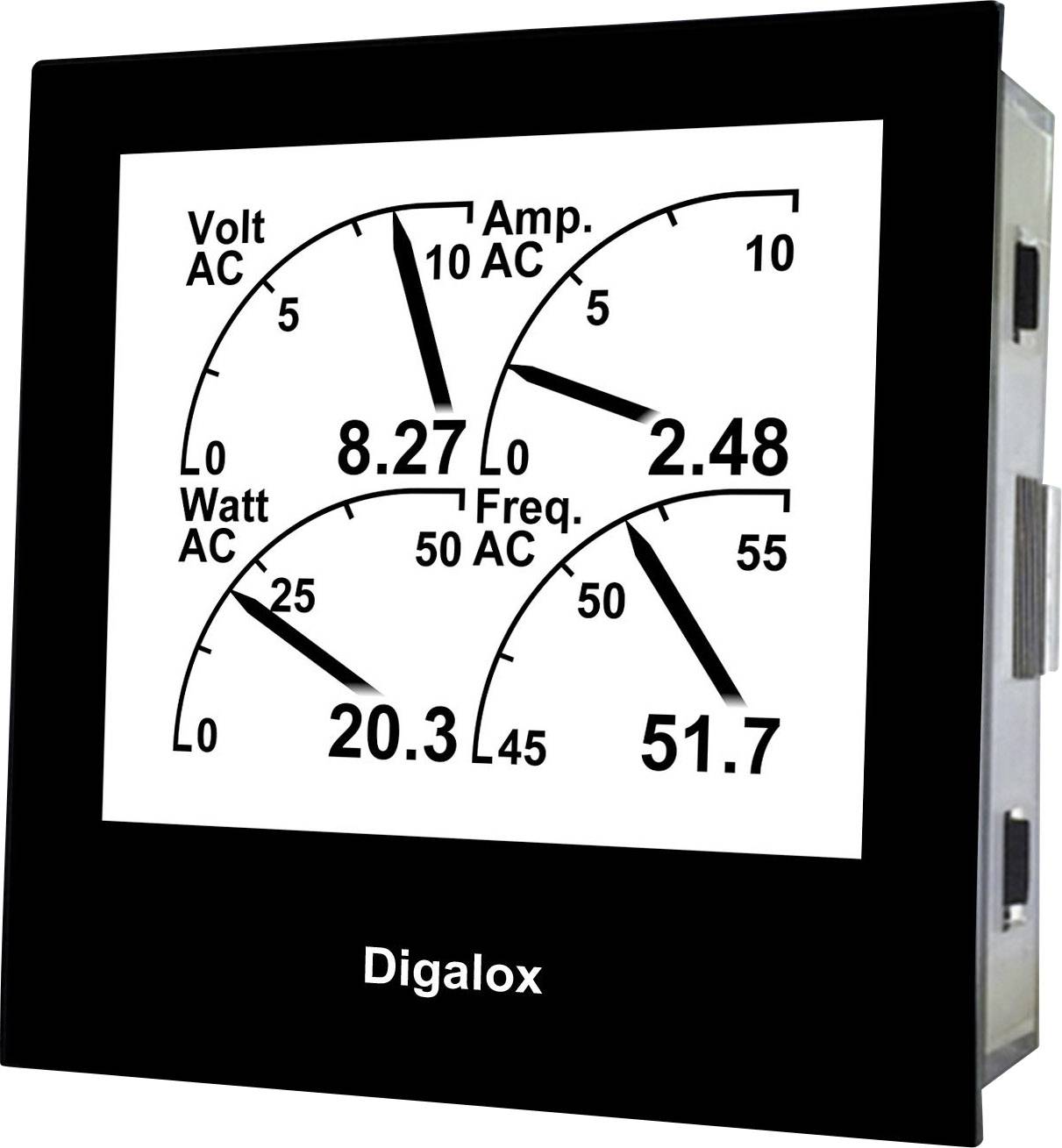 Een digitaal meetapparaat toont drie metingen: Spanning (8,27 Volt AC), Stroomsterkte (2,48 Ampère AC) en Vermogen (20,3 Watt AC). Frequentie: 51,7 Hz.