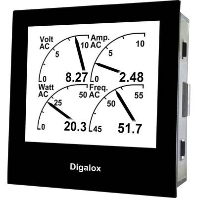 Een digitaal meetapparaat toont drie metingen: Spanning (8,27 Volt AC), Stroomsterkte (2,48 Ampère AC) en Vermogen (20,3 Watt AC). Frequentie: 51,7 Hz.