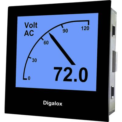 Digitale voltmeter met blauwe display toont 'Volt AC' en numeriek '72.0'. Schaal van 0 tot 120 met aanwijzer op 72.
